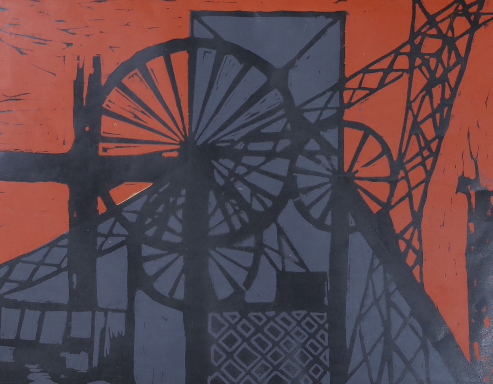 Modern British, linocut, Colliery scene, signature and numbering faded, 37 x 38.5 cm.
